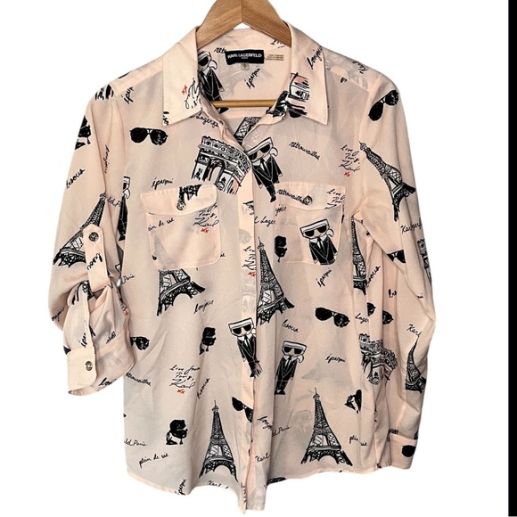 Karl Lagerfeld Paris Printed Baby Pink Button Down Top - Picture 2 of 11